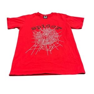 Sp5der T-Shirt Mens L Red Rhinestone Spider Web Graphic Tee Sp5der Worldwide